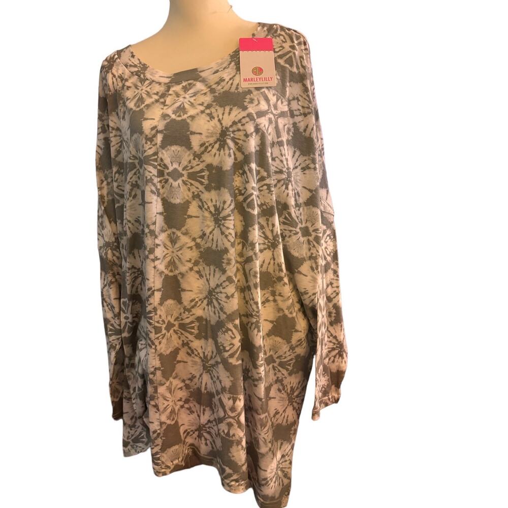 Marleylilly Tie Dye Oversized Long Sleeve Top, Gray/White, Plus Size 2X/3X, NWT